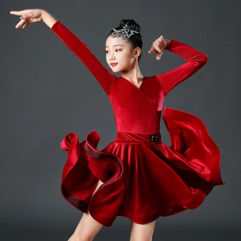 Novas Crianças de Dança latina de Vestido Outono Inverno de Manga Longa de Veludo com decote em V Competição de Vestido de Desgaste de Dança