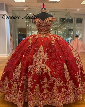 Luxo Vermelho Vestido De Baile Vestidos De Quinceanera Ouro Apliques Formal, Baile De Formatura, Vestidos De Rendas Na Doce 15 16 Vestido Fora Do Ombro