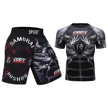 Cody Lundin treino de Fitness de Verão de Jiu Jitsu Conjuntos Impressos Digitais de Manga Curta MMA Rashguard Masculino Plus Size MMA Shorts Para os Homens