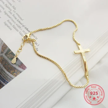 Coreia Quente Estilo de Pura Prata 925 Esterlina de Pulseiras para Mulheres Delicadas Moda Cruz de Ouro Pulseira Jóias