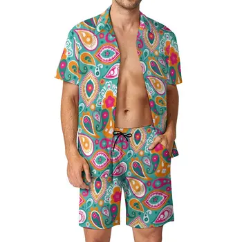70 60 Boho Retro Homens Conjuntos de Hippie Chic Imprimir Shorts Ocasionais de Beachwear Conjunto de Camisa de Verão Havaiano Terno de Mangas Curtas de grandes dimensões