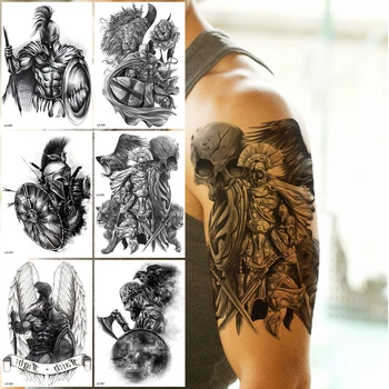 Black Skull Guerreiro Tatuagens Temporárias Para Os Homens De Meninos Realista Leão Alado Spartan Falso Etiqueta Da Tatuagem Do Braço Do Corpo Tatoos Colar