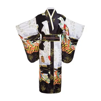 Mulher negra Senhora Tradição Japonesa Yukata Quimono Com Obi Flor Vintage Vestido de Noite de Cosplay Traje de Um tamanho ZW01