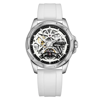 Chegada nova Parnis 43mm Branco Esqueleto de Discagem Homens Relógio de Pulseira de Borracha Mecânico Automático de Relógios de alto Luxo da Marca 2022 Homem Presente