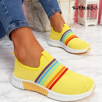 2021 Nova Moda das Mulheres Sapatilhas Cor de arco-íris feito a mão de Malha Vulcanizar Sapatos de Lazer de Baixo-top do Verão Casual Sapatos de Senhoras Garota Mais