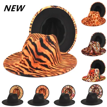 Tigre padrão de chapéu fedora de mulheres aba larga straight-edge de lã, chapéu alto e exterior do homens de viagem tendência outono inverno quente jazz chapéu