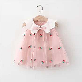 Baby Girl Dress 2021 Verão de Novo Criança Vestidos de Doce de Morango Bordado Malha de Roupa Infantil, Roupa do Bebê de 0 a 3 Anos