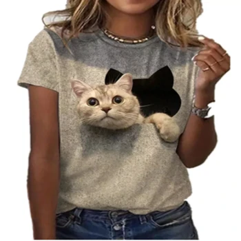Senhoras Impressão 3D Camiseta Gato Bonito Gola Redonda, Manga Curta de Moda Casual Nicho Design Animal Roupas de 2022, a Nova Camisa