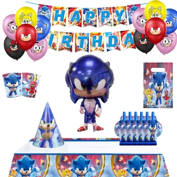 Crianças De Festas Balões Definir A Velocidade De Sonic De Aniversário, Decoração De Chá De Bebê Ouriço Placa Pennant Toalha De Mesa Meninas Meninos Brinquedo