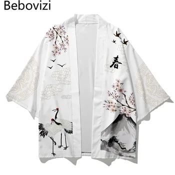 Moda Japonesa Streetwear Homens Mulheres Casaquinho De Cosplay Camisas De Harajuku Samurai Haori De Estilo Chinês, Guindaste De Impressão Kimono Branco