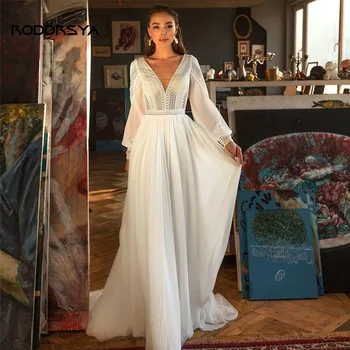 RODDRSYA Boêmio e Elegante Decote em V Vestido de Noiva Para Mulheres 2022 Lace Completo Mangas sem encosto Chiffon Vestidos de Noiva Robe De Mariee