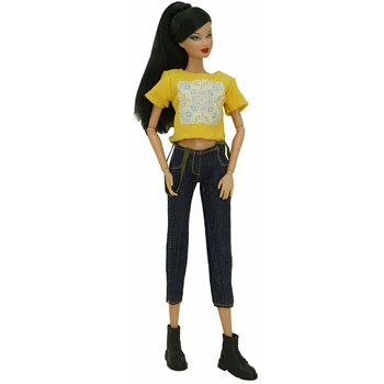 NK 1 Pcs de Escritório Moderno, Roupa de Moda, Roupa Demin Trouseres Casual Camisa Amarela Para a Boneca Barbie Acessórios de Brinquedos de Presente