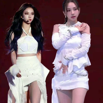 Kpop Coreano Menina Do Grupo De Mulheres De Jazz De Roupa De Outono Street Wear White Funda Crop Top Senhora Sexy Dança Saias Roupa Etapa Traje