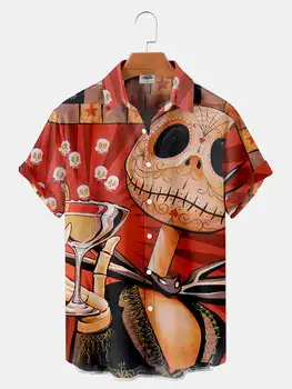 Verão de Manga Curta Homens Havaiano Camisa de Moda de Impressão 3D do Crânio de Halloween Camisa de Manga Curta Praia Respirável Camisa Solta Unisex