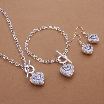 Tendência de Prata 925 coração romântico de cristal pendente do colar braceletes brincos conjunto de Jóias para as mulheres a Moda Festa de casamento