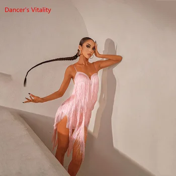 Latina do Concurso de Dança de Vestidos de Mulheres latino, Dança de Borla Saia Feminina Rumba/Chacha Roupa de Dança do Bailarino Trajes de Roupa