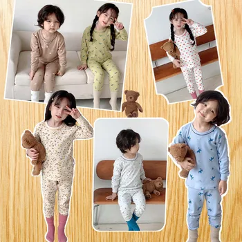 4 6 8 10 12 14 anos Cildren de Algodão de Pijamas, roupa interior térmica conjunto Floral ceroulas de meninos meninas Dinossauro Pijama Sleepwear