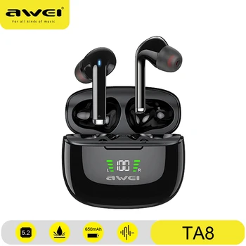 AWEI Bluetooth 5.2 TA8 ANC Cancelamento Ativo de Ruído Fones de ouvido sem Fio TWS No Ouvido com Controle de Toque Impermeável Fone de ouvido hi-fi Fone de ouvido