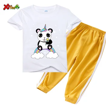 Férias de verão Meninos Meninas rapazes raparigas Roupas Unicórnio dos desenhos animados do Panda Roupas para a Menina Floral Roupas Atender Crianças de Impressão de T-shirt+calça Conjunto
