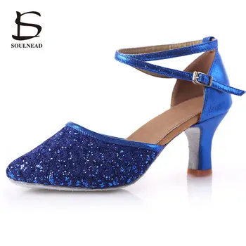 Adultos Senhoras Mulheres latina/Salsa/Tango Dança Sapatos Fechados Toe de Glitter Azul/Preto Dança de Salão Sapatos de Salto Alto 5/7cm Festa de Sapatos