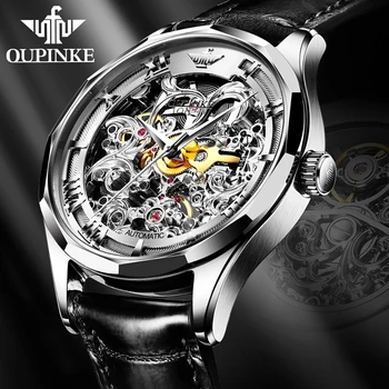 OUPINKE de Luxo Relógio Automático para os Homens Mecânica Safira Esqueleto de Couro Impermeável Desportivo Marca de Relógios de Pulso reloj hombre